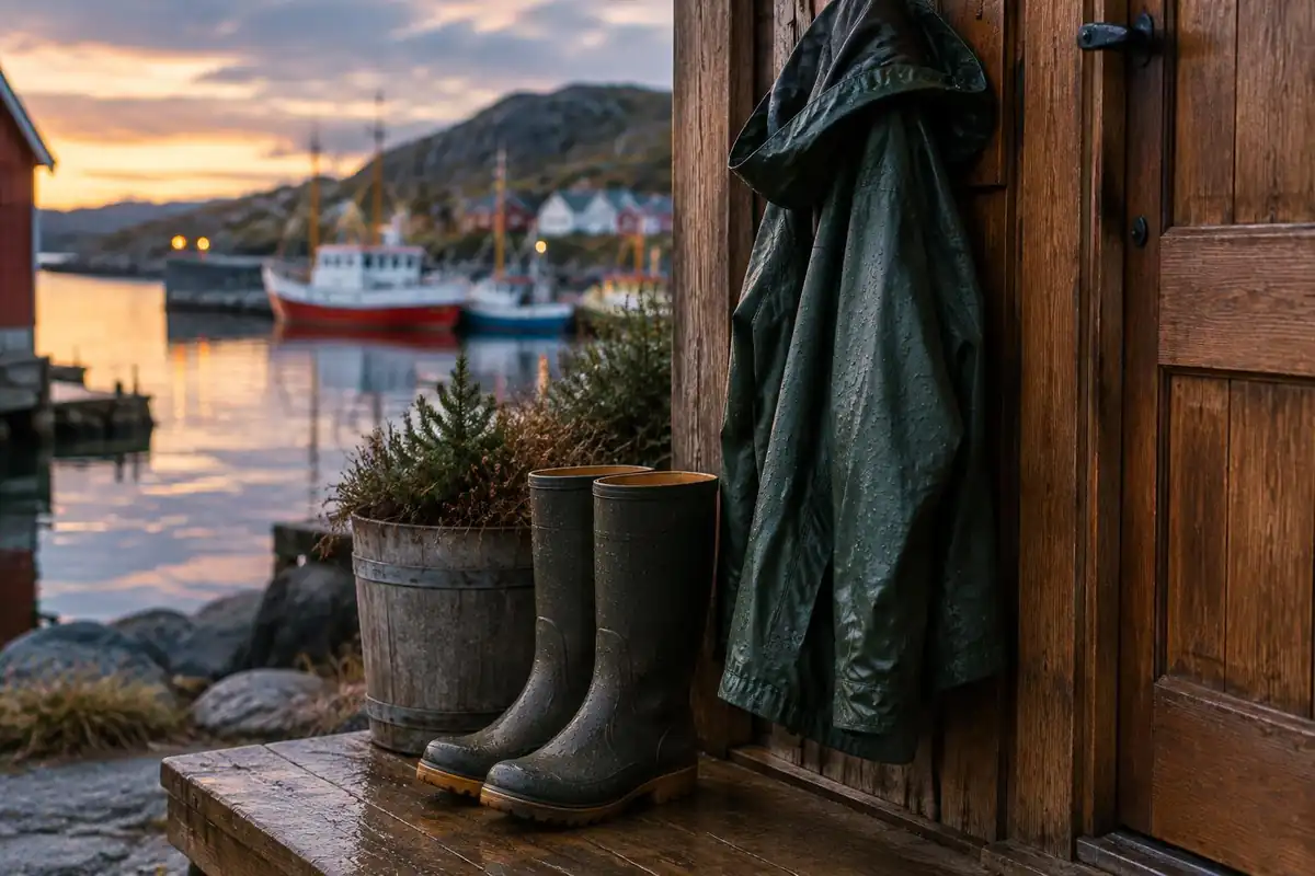 A cabin room-style lodge with boots and fish-drying rack in a small town evening