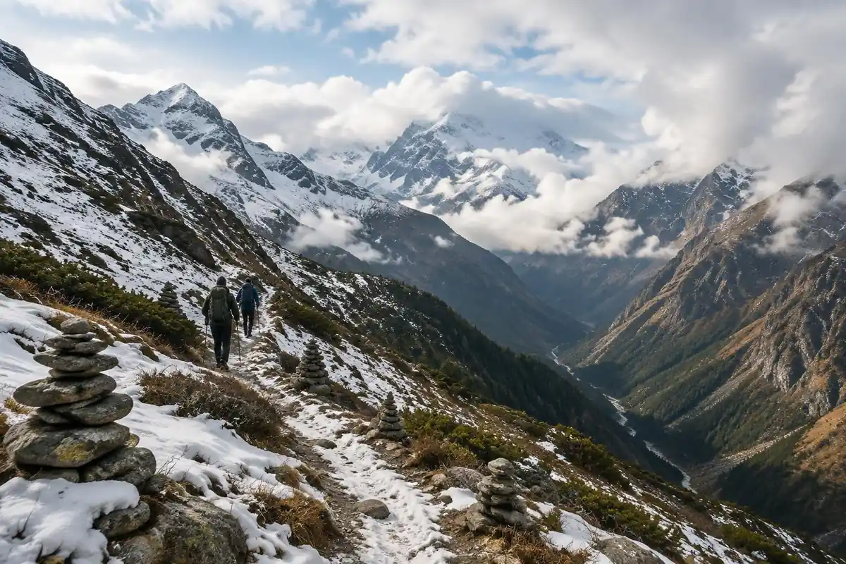 A high snowfield-crossing trail between two mountain pass gaps with stone cairns