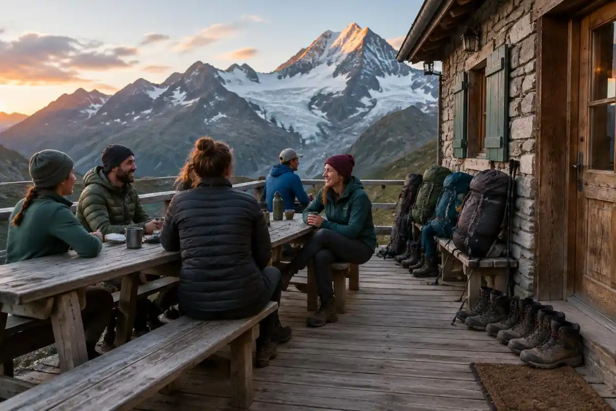 A hut terrace with hikers resting their boots and packs stacked at a mountain refuge