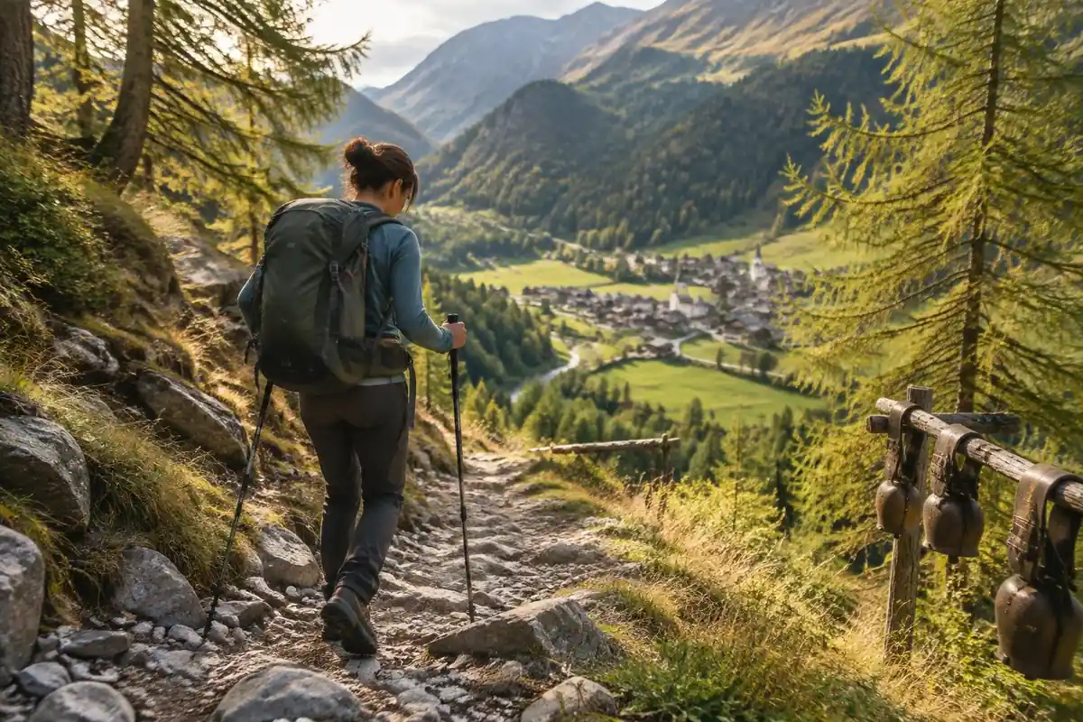 A hiker descending a steep rocky path with poles into a green valley with a village