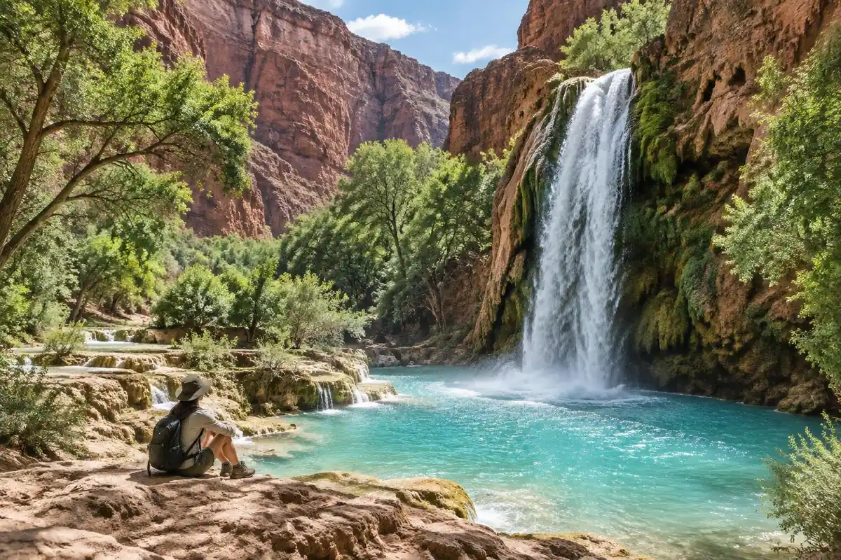 A turquoise waterfall pouring into a pool within a red canyon with green cottonwoods
