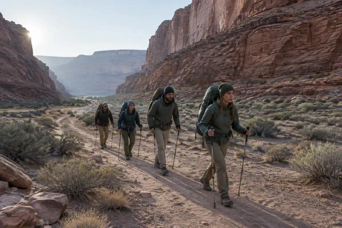 Hikers on a long dusty canyon trail below towering red walls early morning