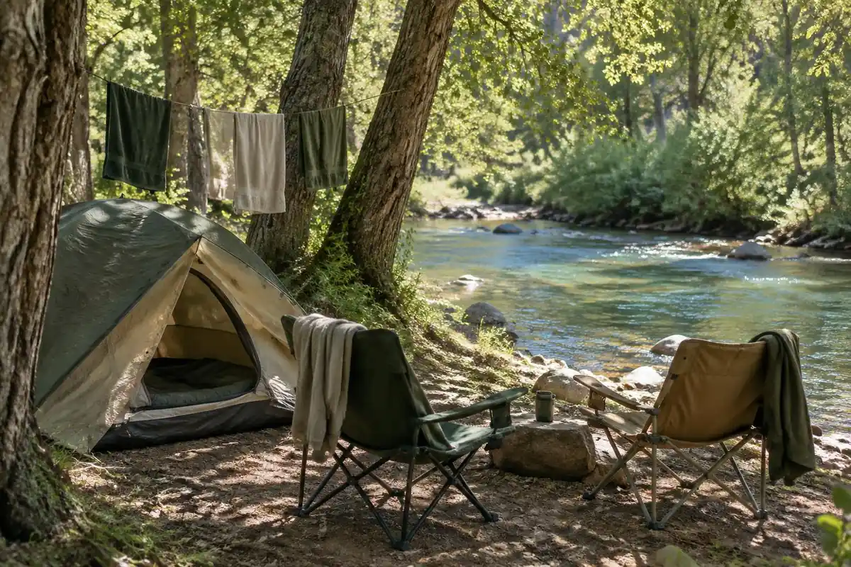 A tent pitched under cottonwoods beside a shallow blue-green stream