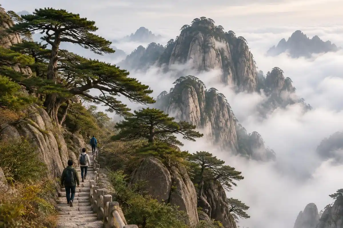 Twisted pines on granite peaks above a sea of cloud with walkers on stairs