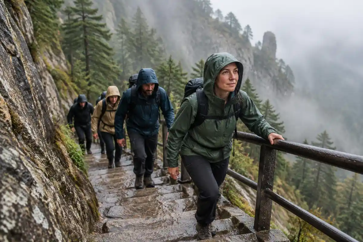Walkers in rain jackets climbing a steep carved stone staircase in mist