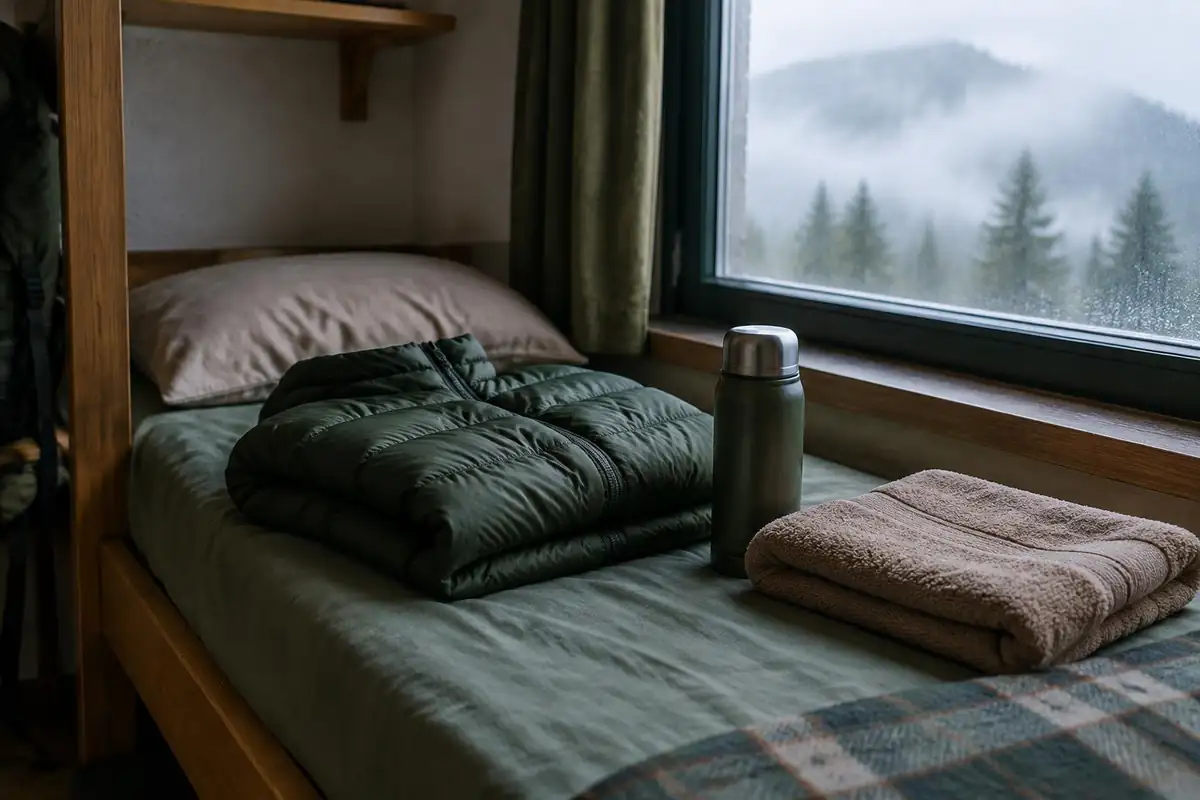 Padded jacket, thermos and towel on a narrow bed beside a misty window