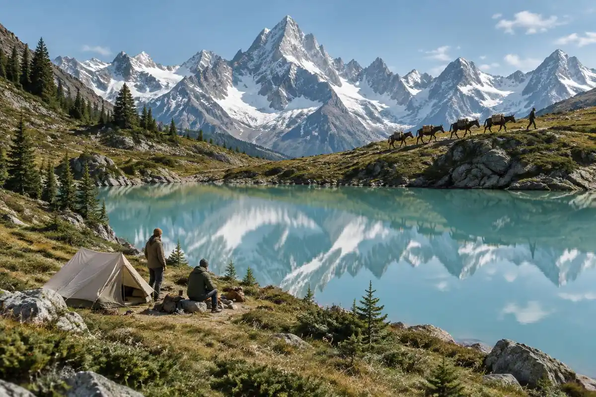 Jagged white peaks reflected in a turquoise lake beside a small camp