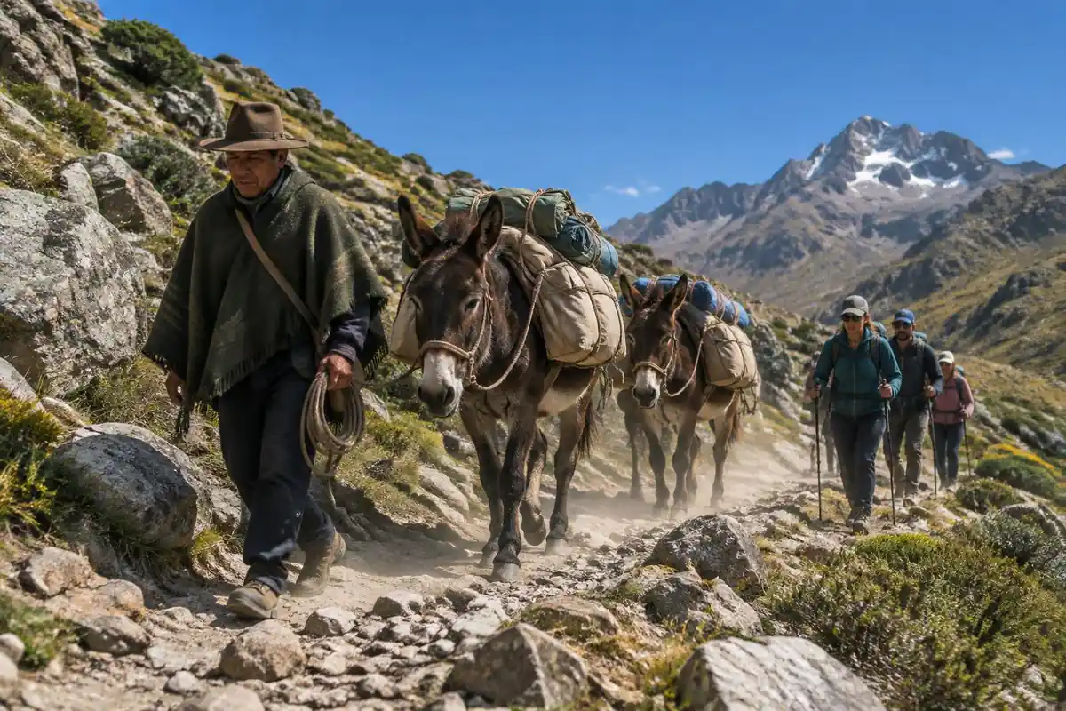 Arriero leading donkeys over a rocky pass with trekkers following