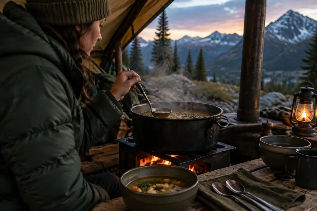 Pot of soup and bowls in an open-fronted camp cook shelter at dusk