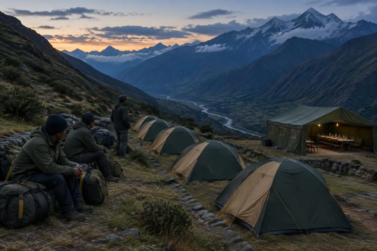 A guided group's row of dome tents with a mess tent at a mountain campsite