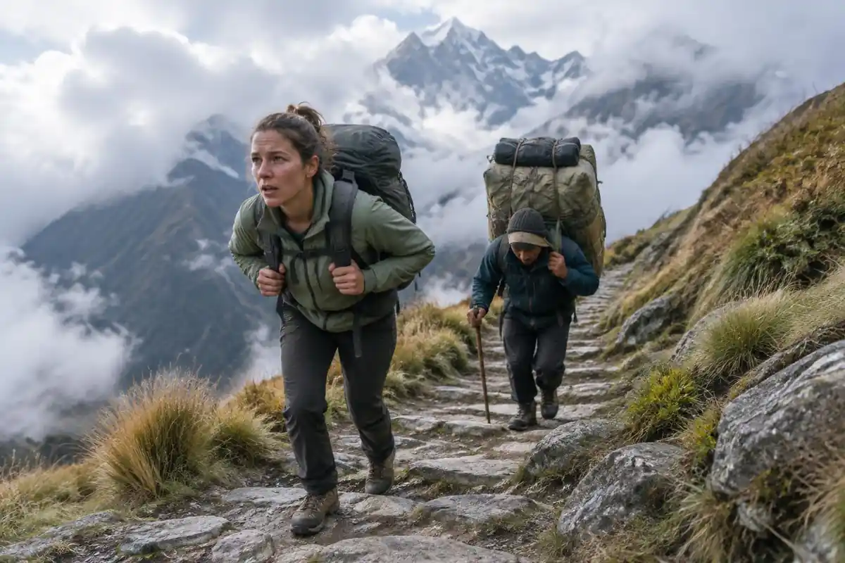 A porter and a hiker climbing stone steps on a high pass