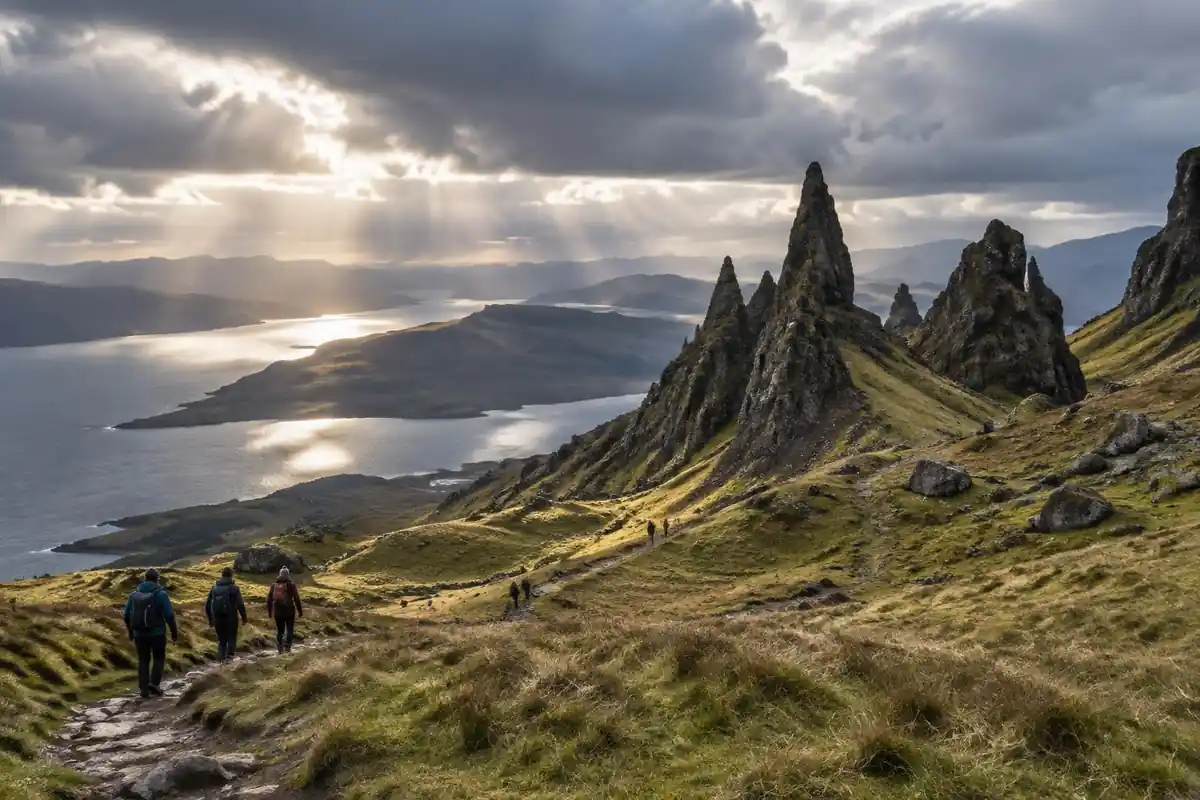 Grassy plateau with dark basalt pinnacles above a sea loch under low cloud