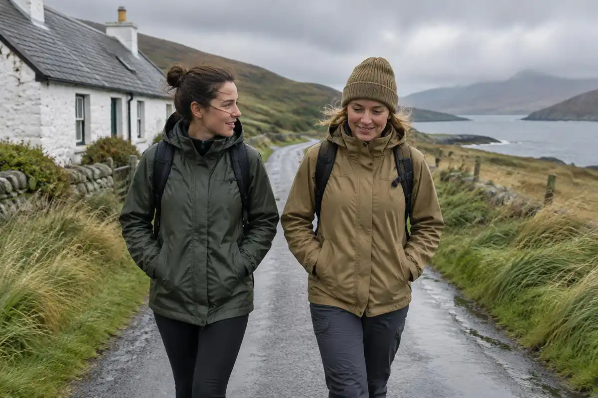 Two women in rain jackets walking a single-track road past a white croft