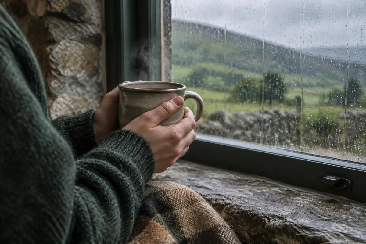 Hand around a steaming mug on a cottage windowsill with rain on the glass
