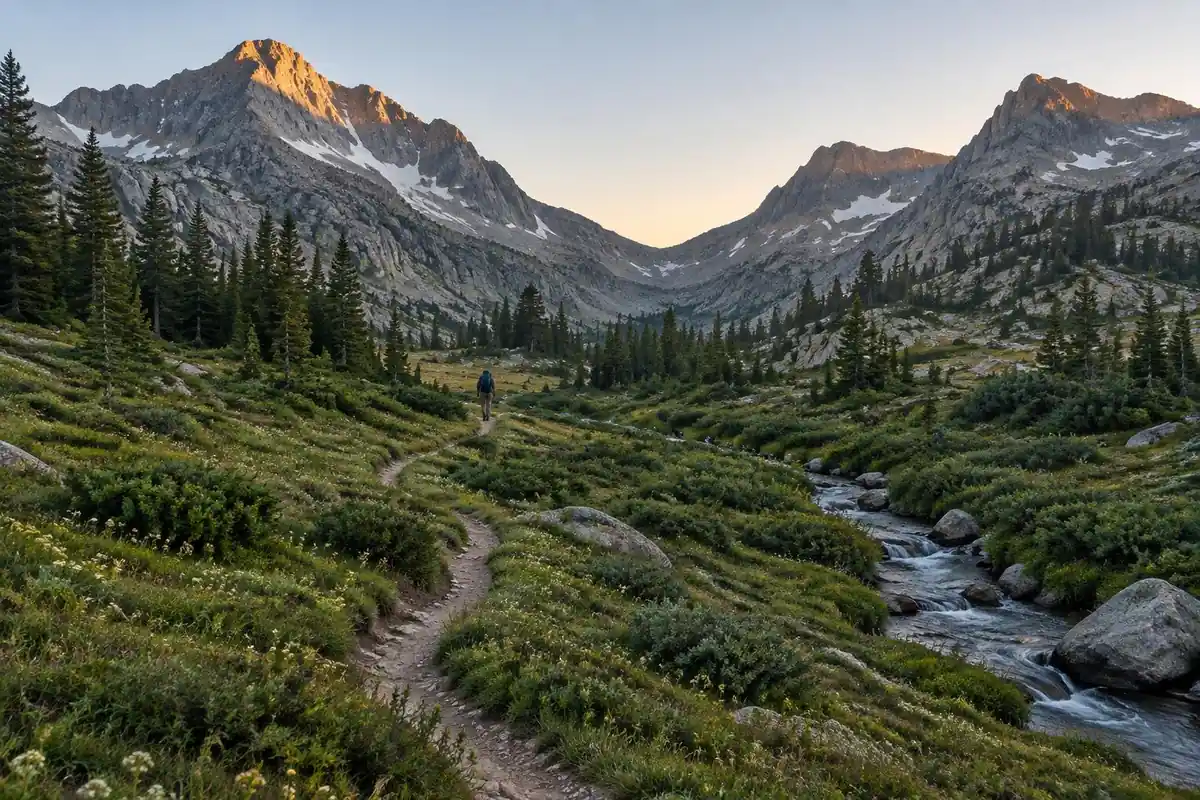 A long trail wrapping through alpine meadow toward a granite pass at dawn