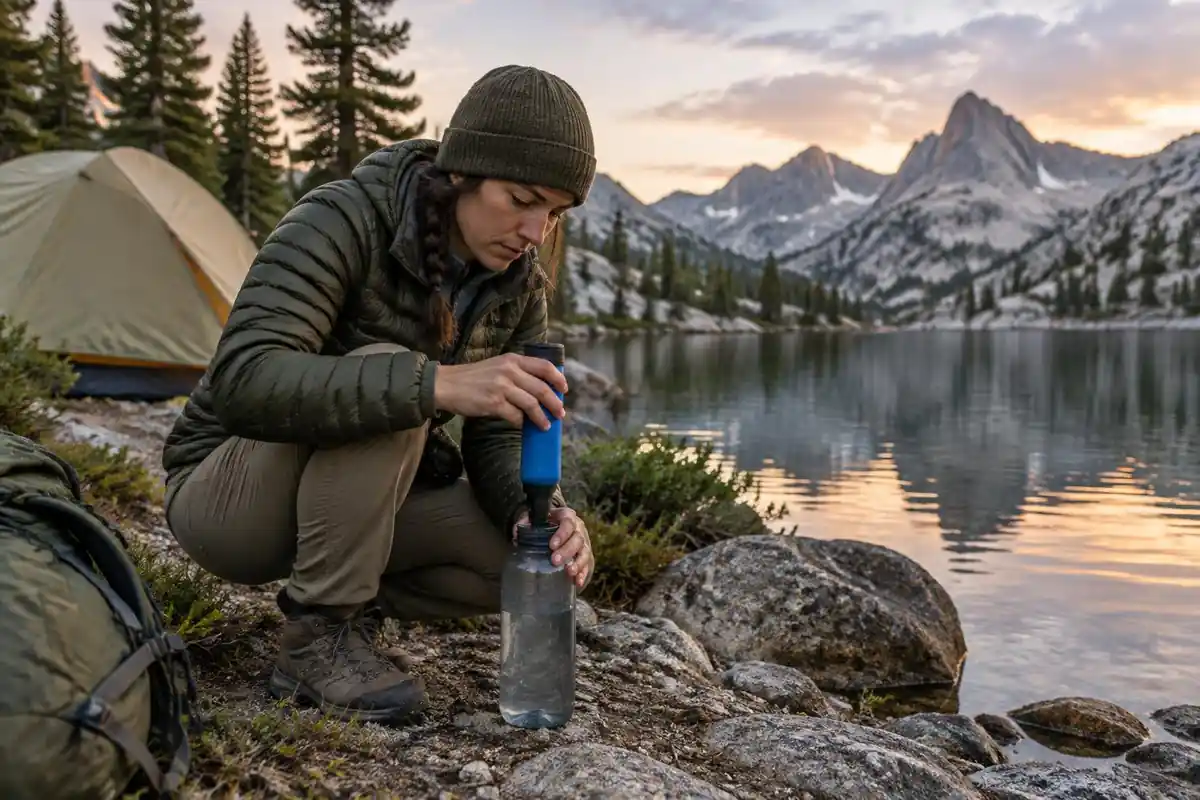 A hiker filling a bottle from a meadow lake before a purifier drops in