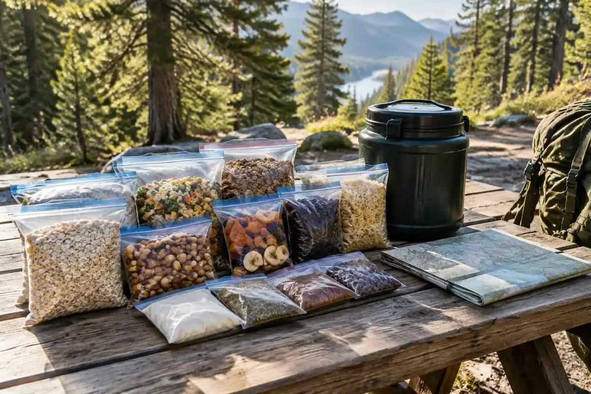 Resupply food bags and a bear canister on a sunny trailside picnic bench