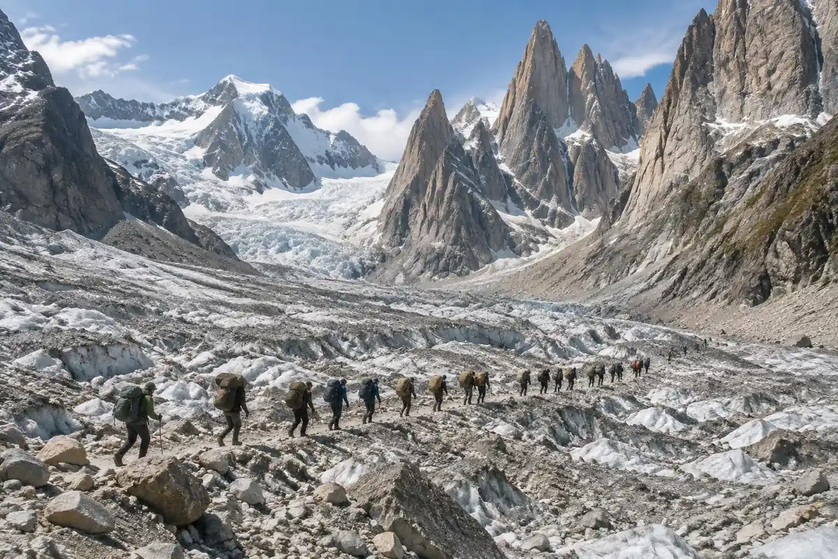 Long train of porters and trekkers on a vast glacial rubble amphitheatre
