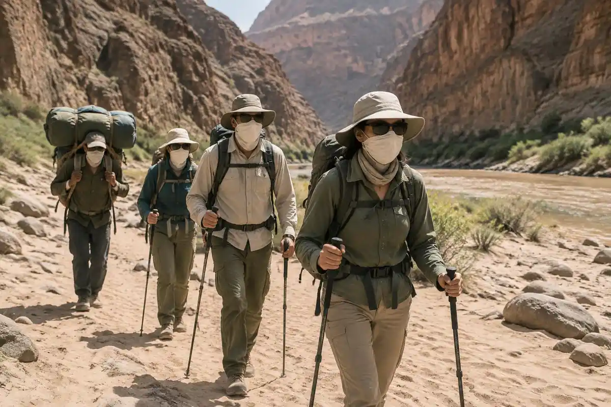 Trekkers and a porter walking a sandy river flat between canyon walls