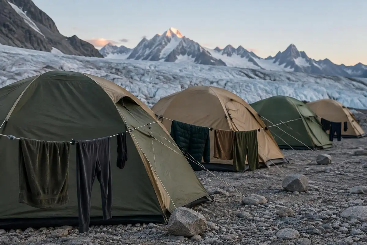 Row of dome tents on a stony glacier terrace with laundry on guy lines