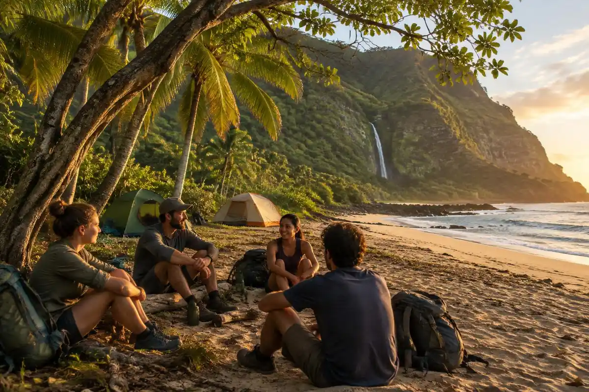 Hikers resting under palms beside a quiet beach campsite at the foot of green cliffs