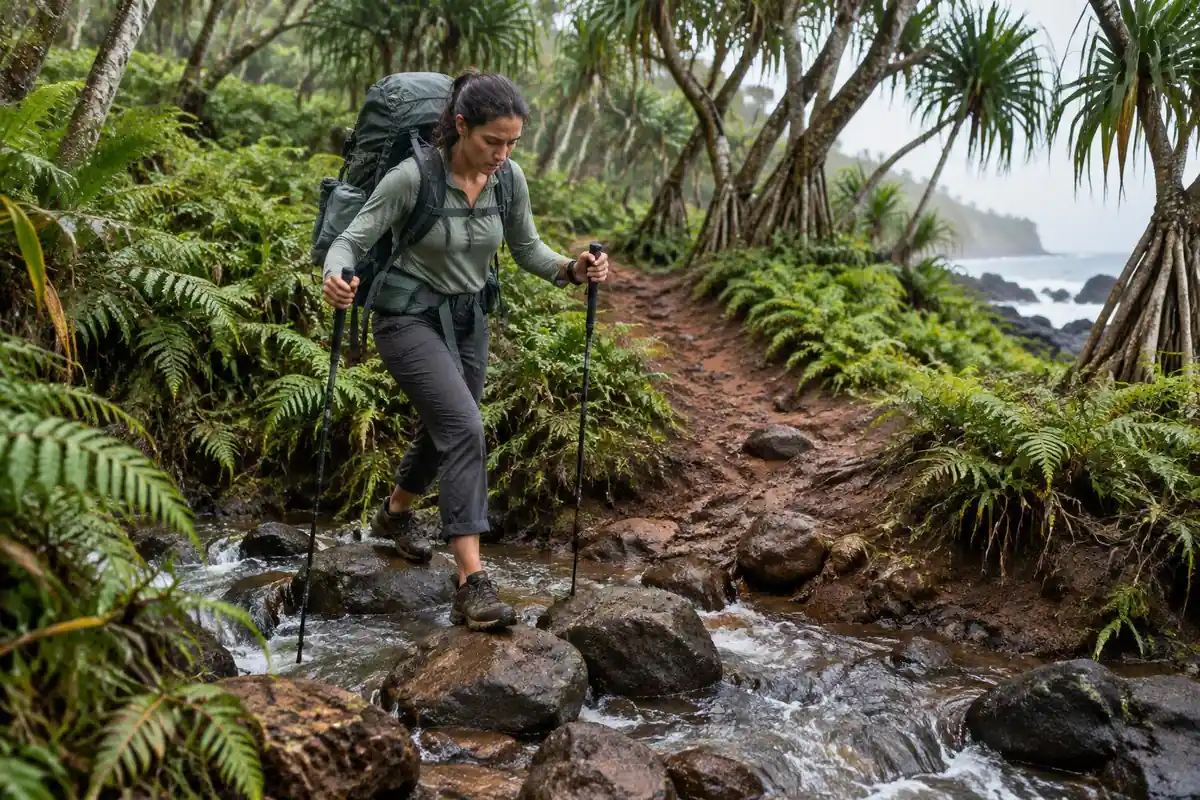 A hiker crossing a rocky stream mouth on a red mud tropical trail