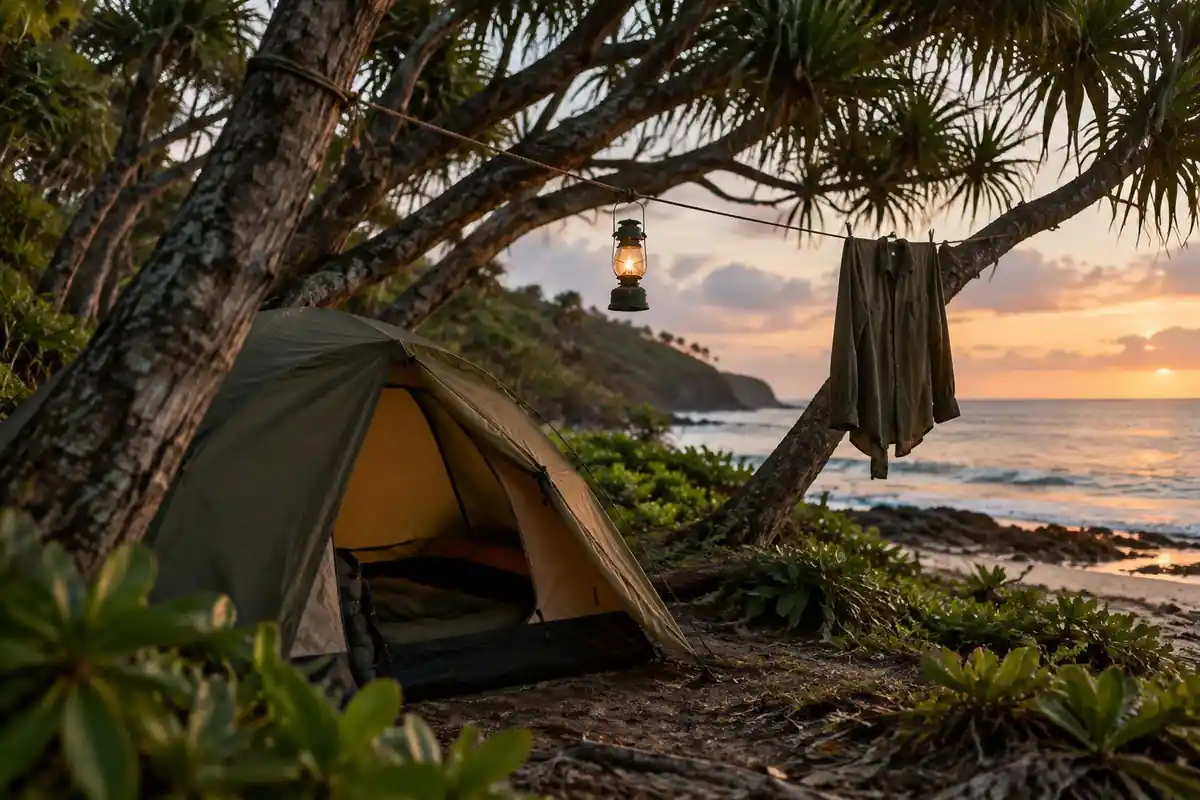 A camp tent under palms near a beach with lantern and pack at dusk