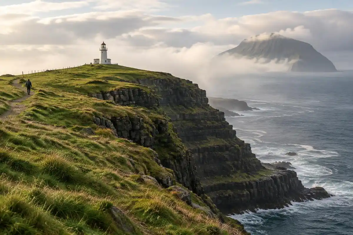 Small lighthouse on a green headland above layered basalt sea cliffs in mist
