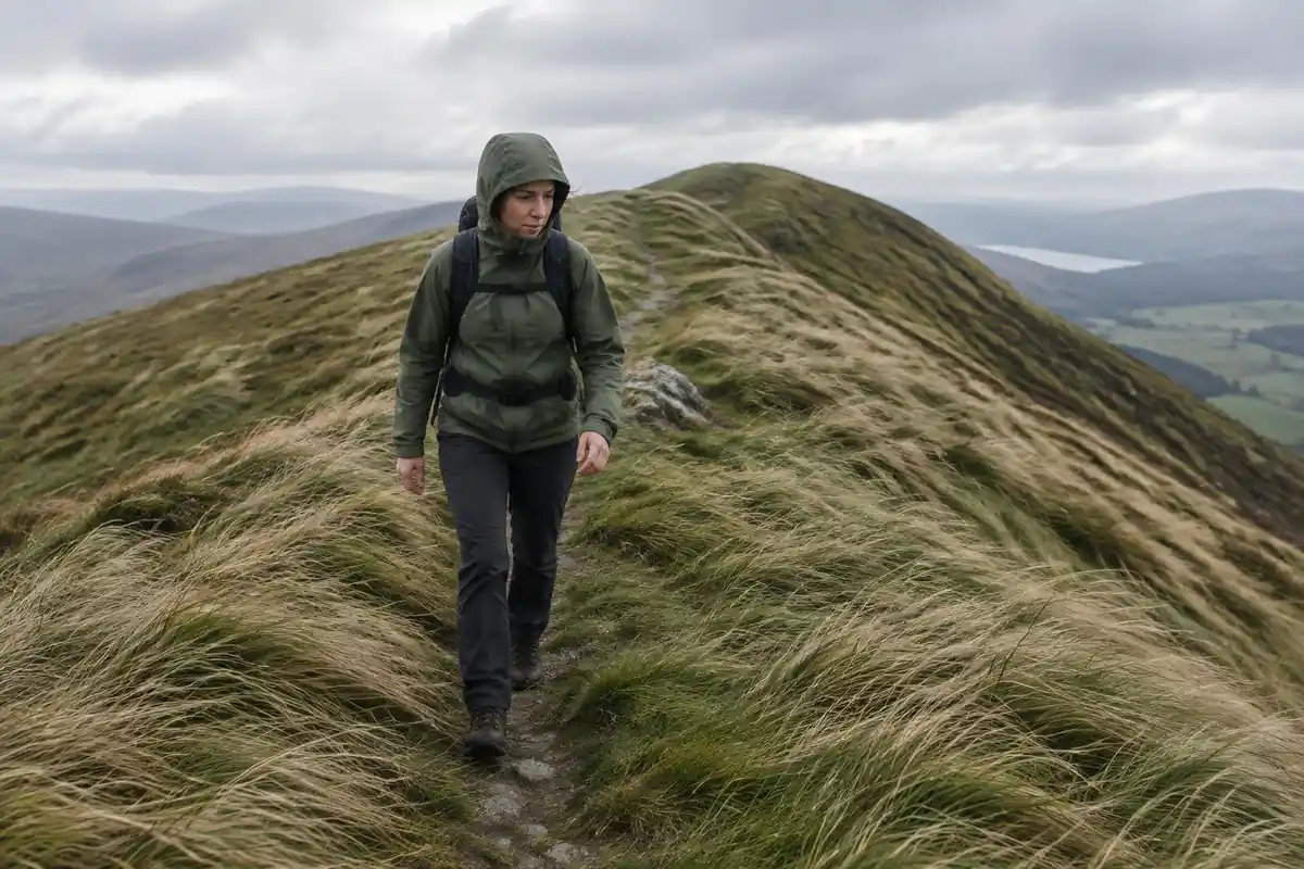 Hiker in a hooded windproof jacket walking a grassy ridge path in the wind