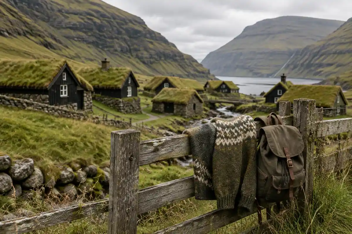 Woollen jumper and small backpack over a fence beside turf-roofed cottages