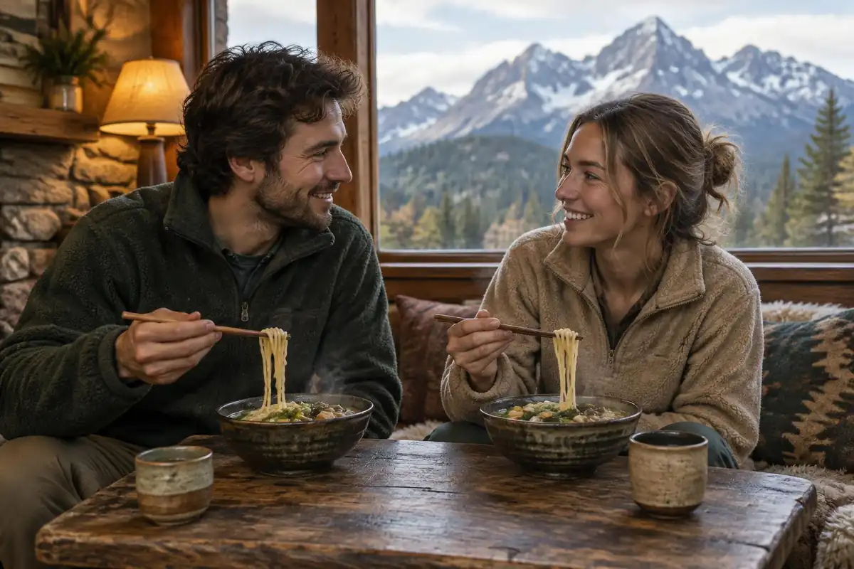 Couple eating hot noodles at a low table in a mountain lodge