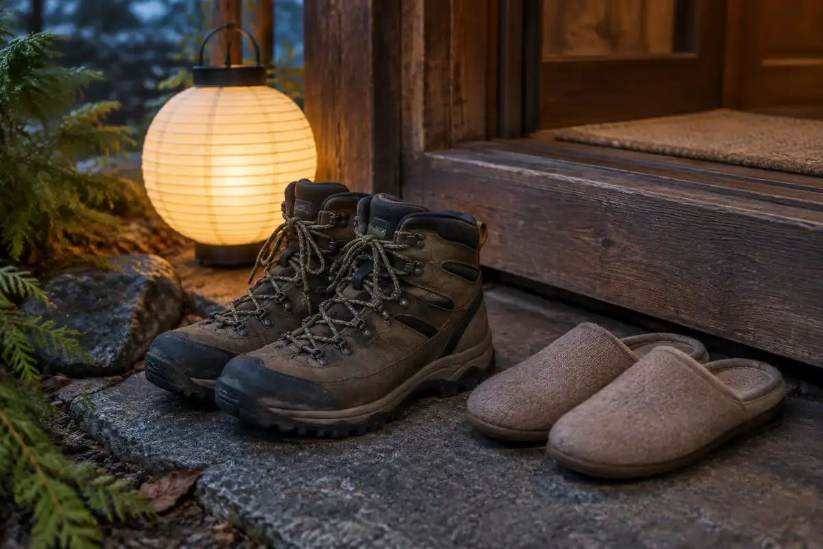 Hiking boots beside house slippers on a wooden lodge entrance step