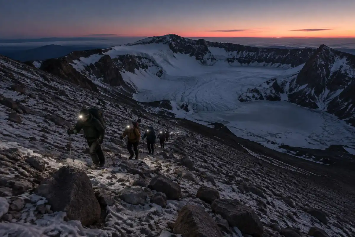 Line of headlamp beams zigzagging up a scree slope toward a glacier-topped crater rim
