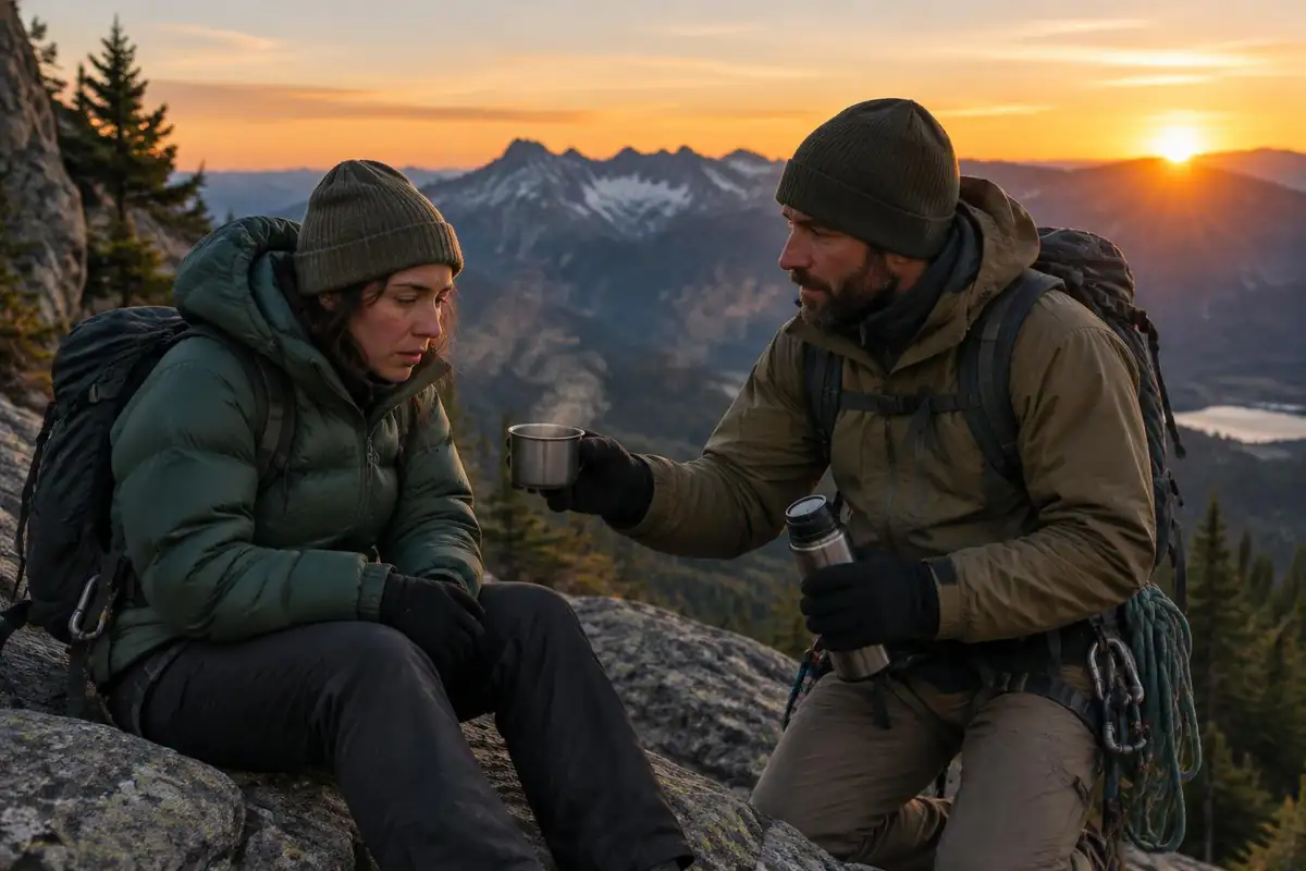 Guide offering warm tea to a tired climber in a down jacket at dawn