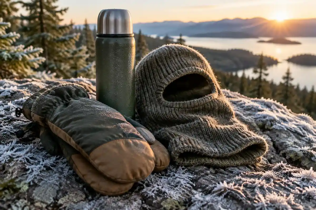 Mittens, thermos and balaclava on a frost-covered rocky ledge