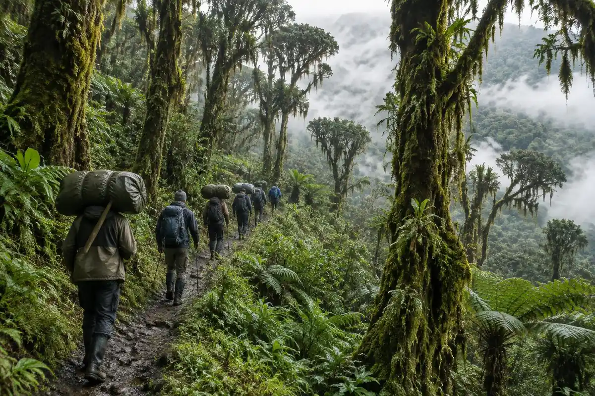 Misty rainforest trail with trekkers and porters under moss-draped trees