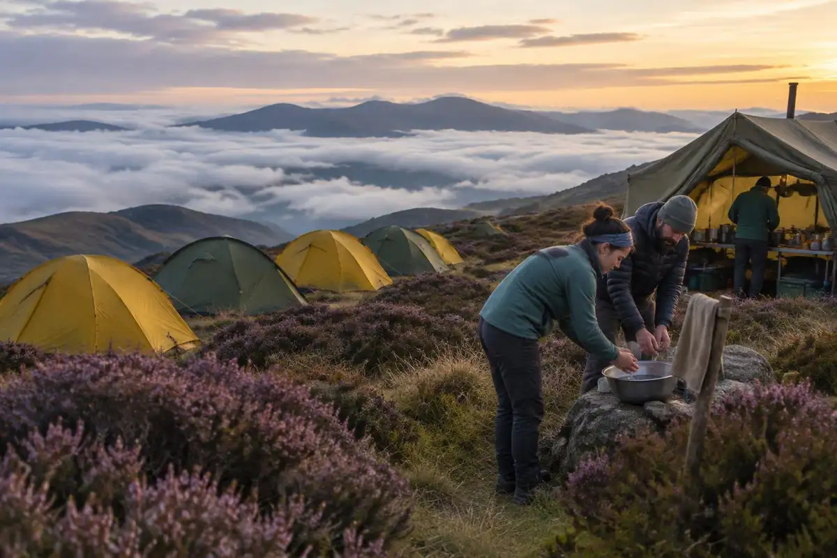 Dome tents in a heathland camp above a bank of cloud with trekkers washing hands