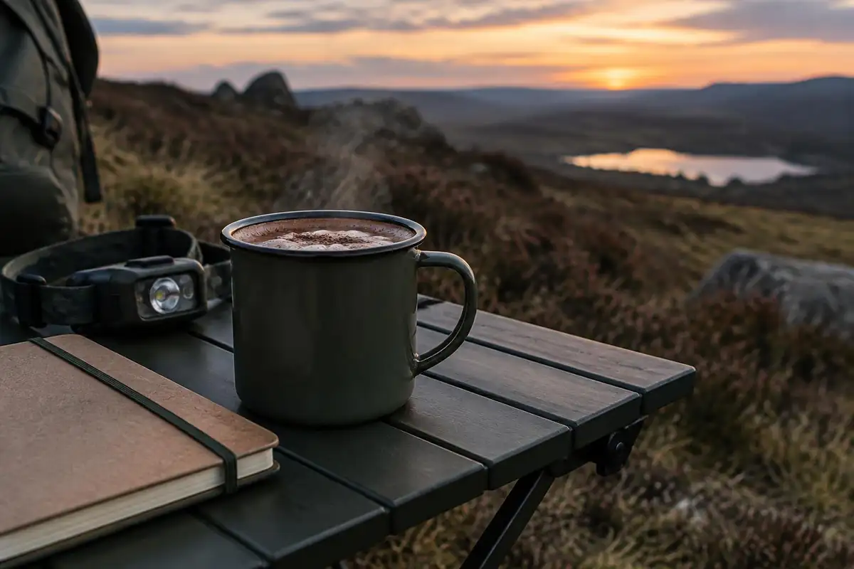 Mug of hot chocolate beside a headlamp and journal on a camp table