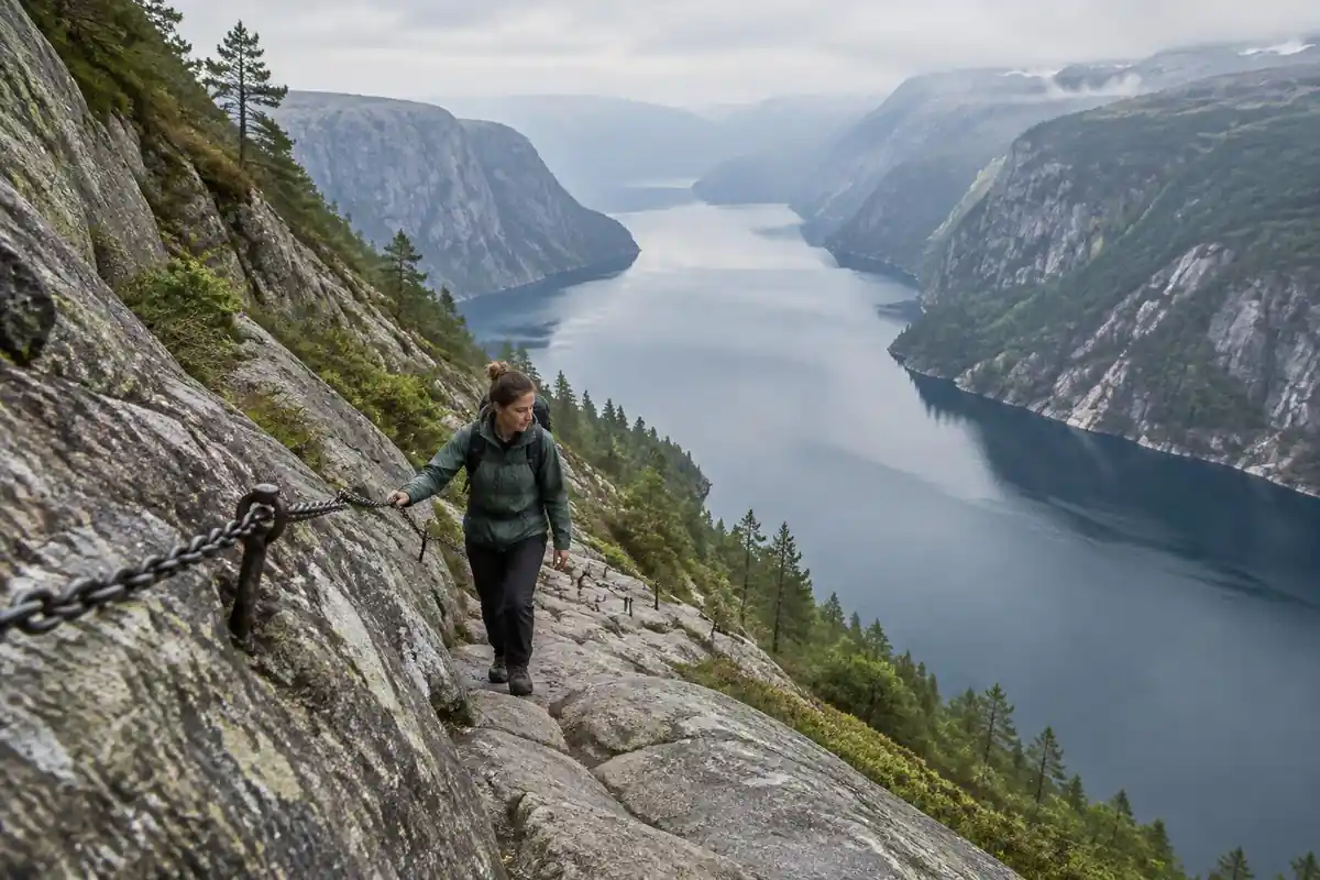 Hiker holding a fixed chain on a steep granite slope above a fjord