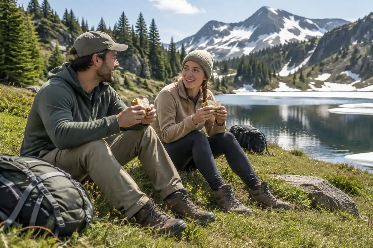 Two friends eating sandwiches on a grassy bench beside a snowmelt lake