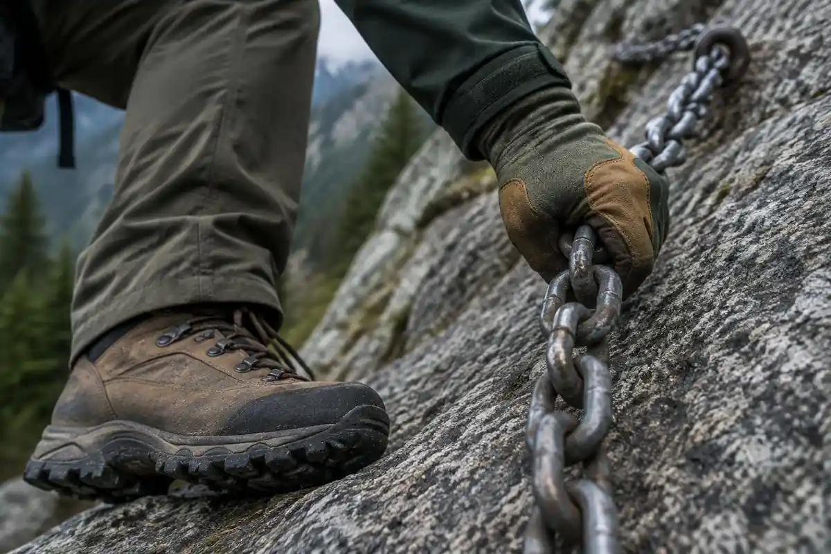 Gloved fingers on a steel chain over rough granite above a boot