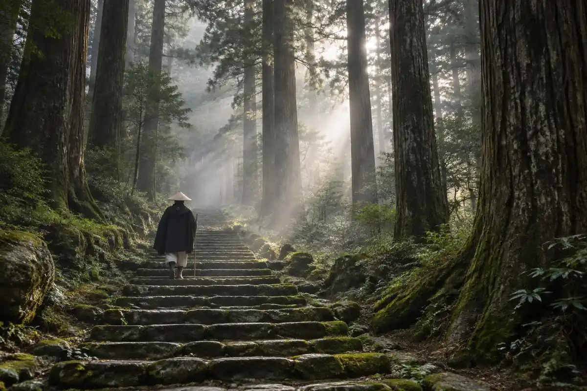 Moss-covered stone stairway through tall cedar trees with a walker in mist