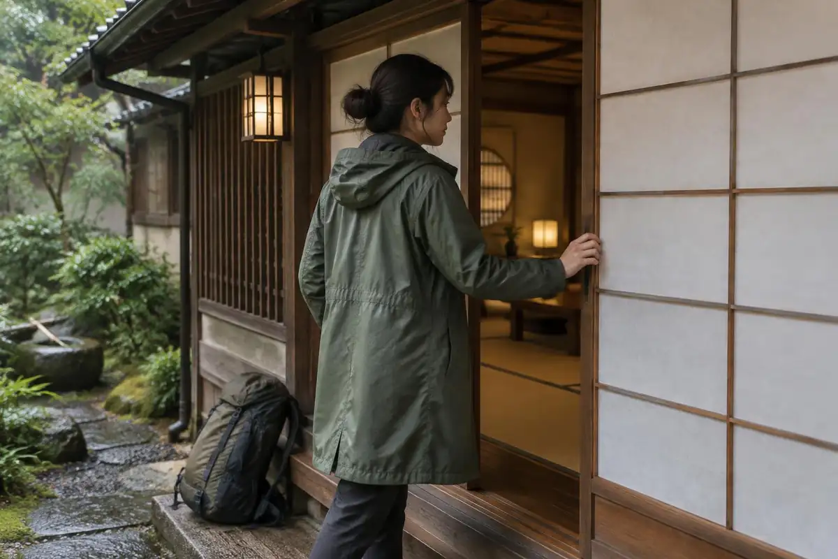 Woman in a raincoat at a traditional inn entrance with a backpack by the step