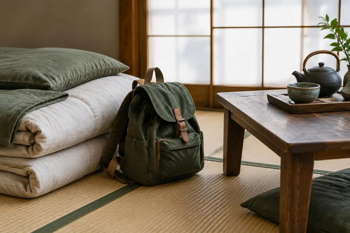 Small backpack beside folded futon bedding and a tea set on tatami