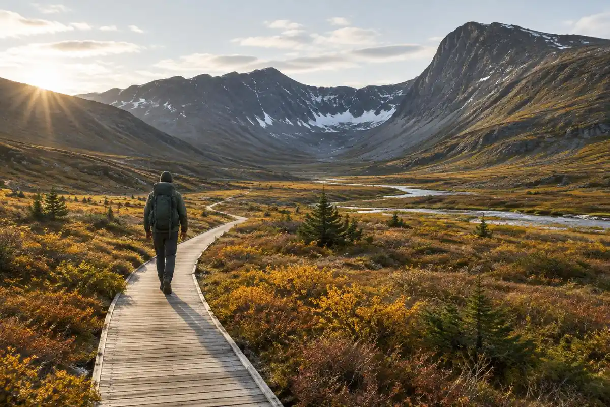 Boardwalk across golden autumn tundra toward a distant U-shaped mountain