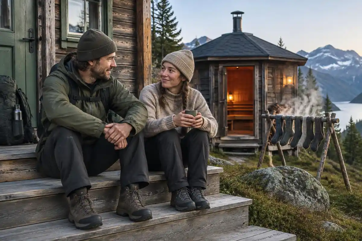 Two trekkers on the steps of a mountain cabin beside a small sauna hut
