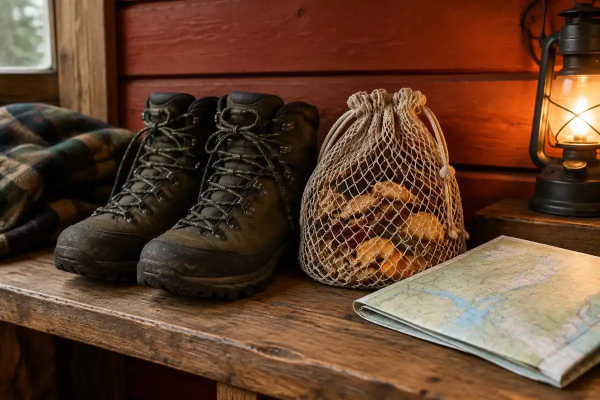 Boots, a bag of dried food and a folded map on a red cabin bench