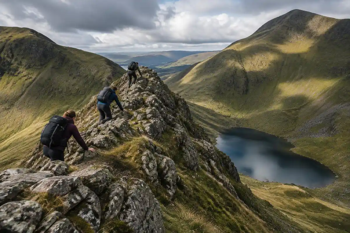 Rocky ridge above a small tarn with walkers scrambling along the crest