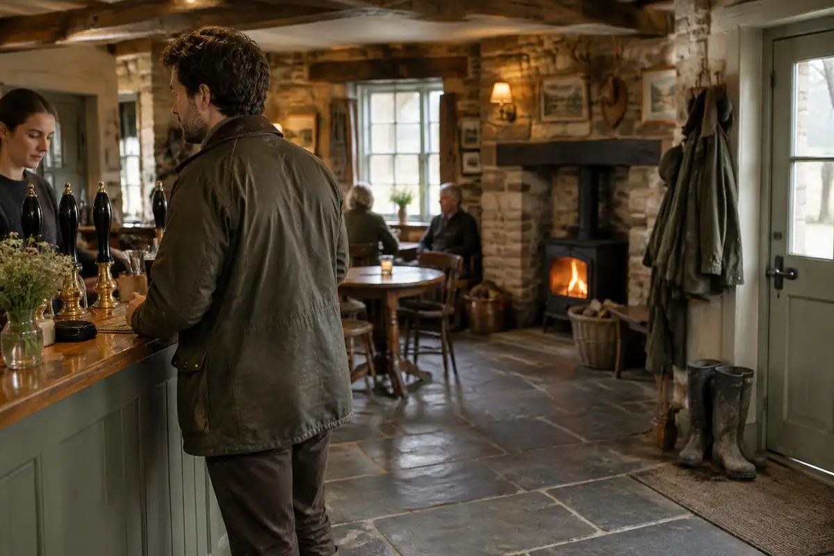 Man at the counter of a stone pub with muddy boots by the door