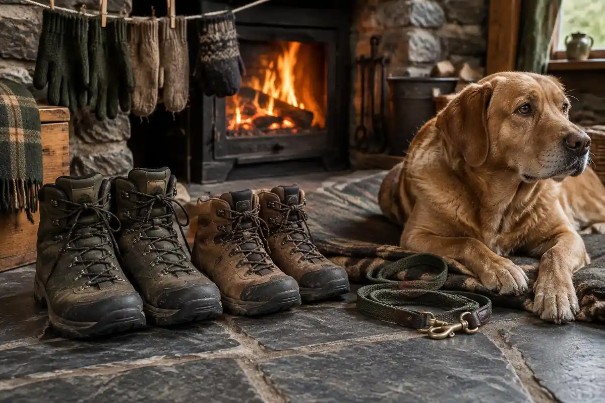 Walking boots and gloves drying beside a rustic fireplace on a slate floor